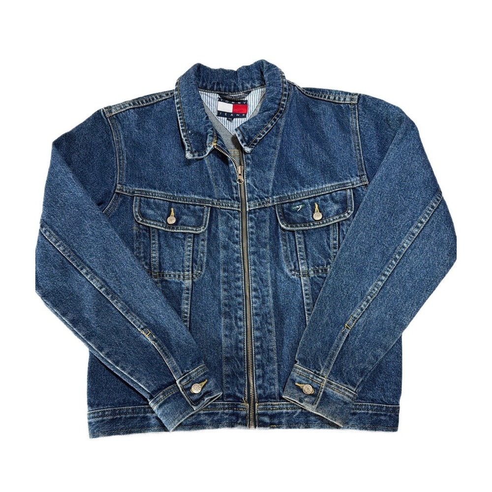 Vintage 1990s' Tommy Hilfiger Denim Jacket Flag‎ Logo Y2K Full Zip Woman's Small